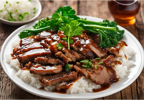 Delicious caramelized Pork with greens and rice