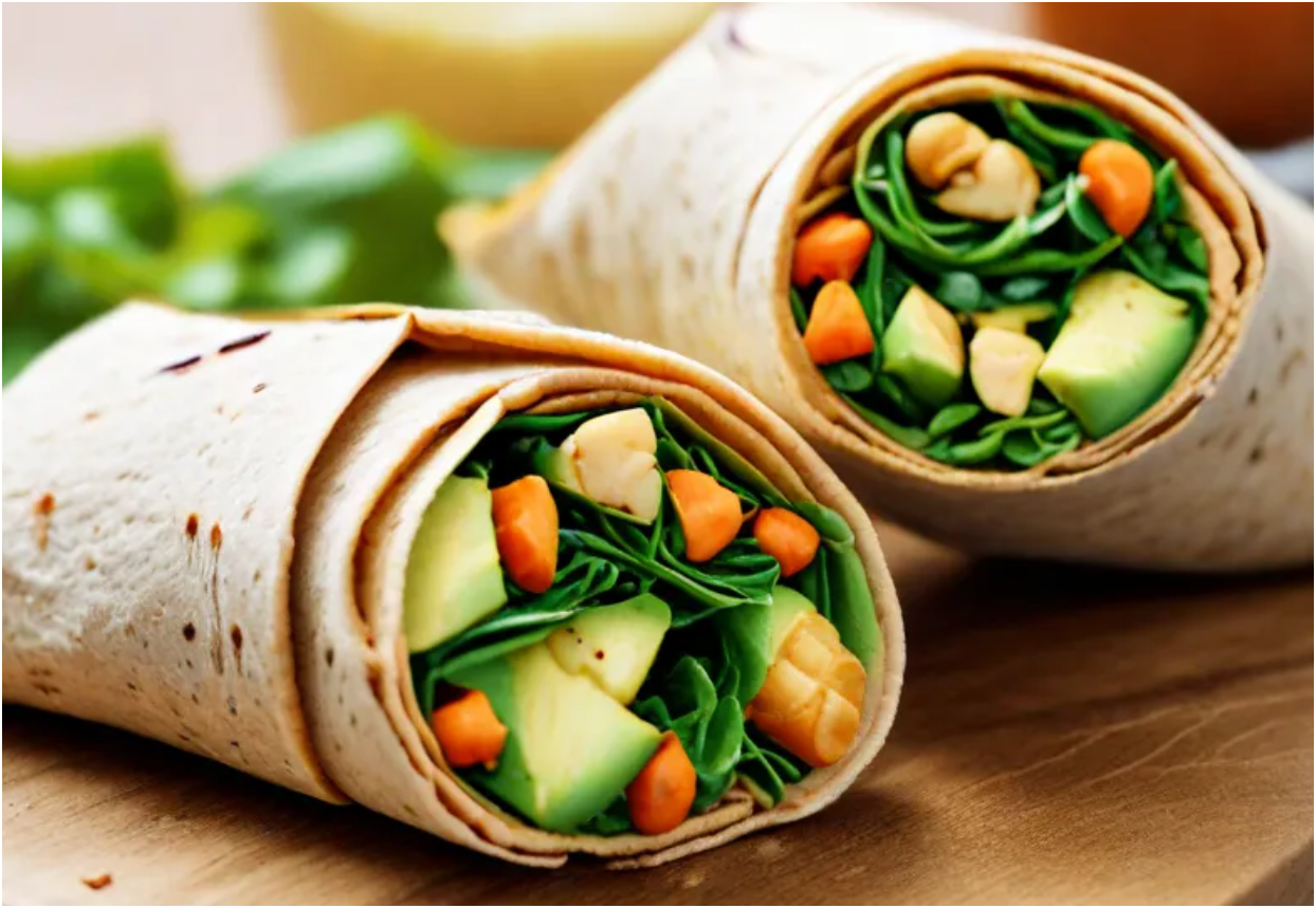 Whole grain wraps filled with chickpeas, spinach, and avocado is gut-friendly lunch