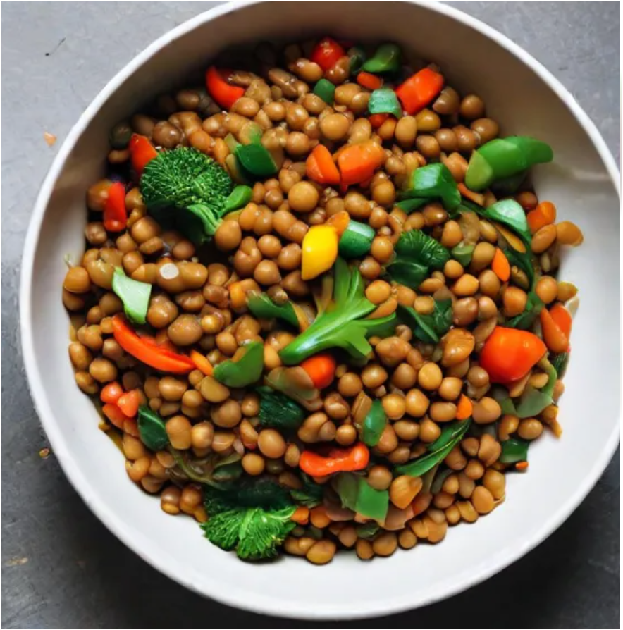 Vibrant lentil and vegetable stir-fry with bell peppers and broccoli