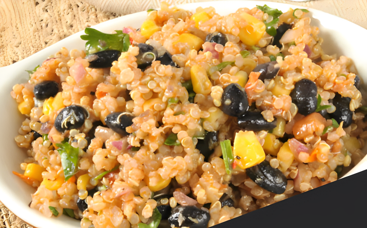 Colourful quinoa and black bean salad with fresh vegetables and lime dressing