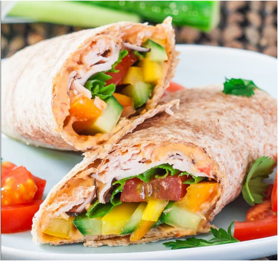 gut friendly lunch: Turkey and hummus wrap with crunchy veggies